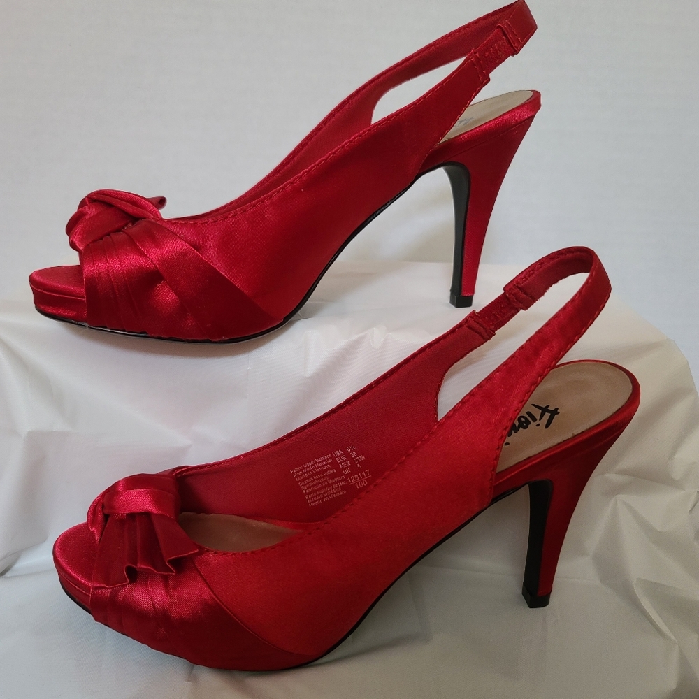 Fioni Night Red Satin Heels with Knotted Bow
